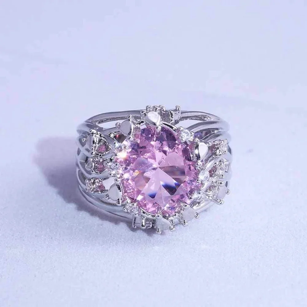 💞925 Silver Plated Hollow Pink Flower Engagement Ring, GPMB1546 - Picture 3 of 5